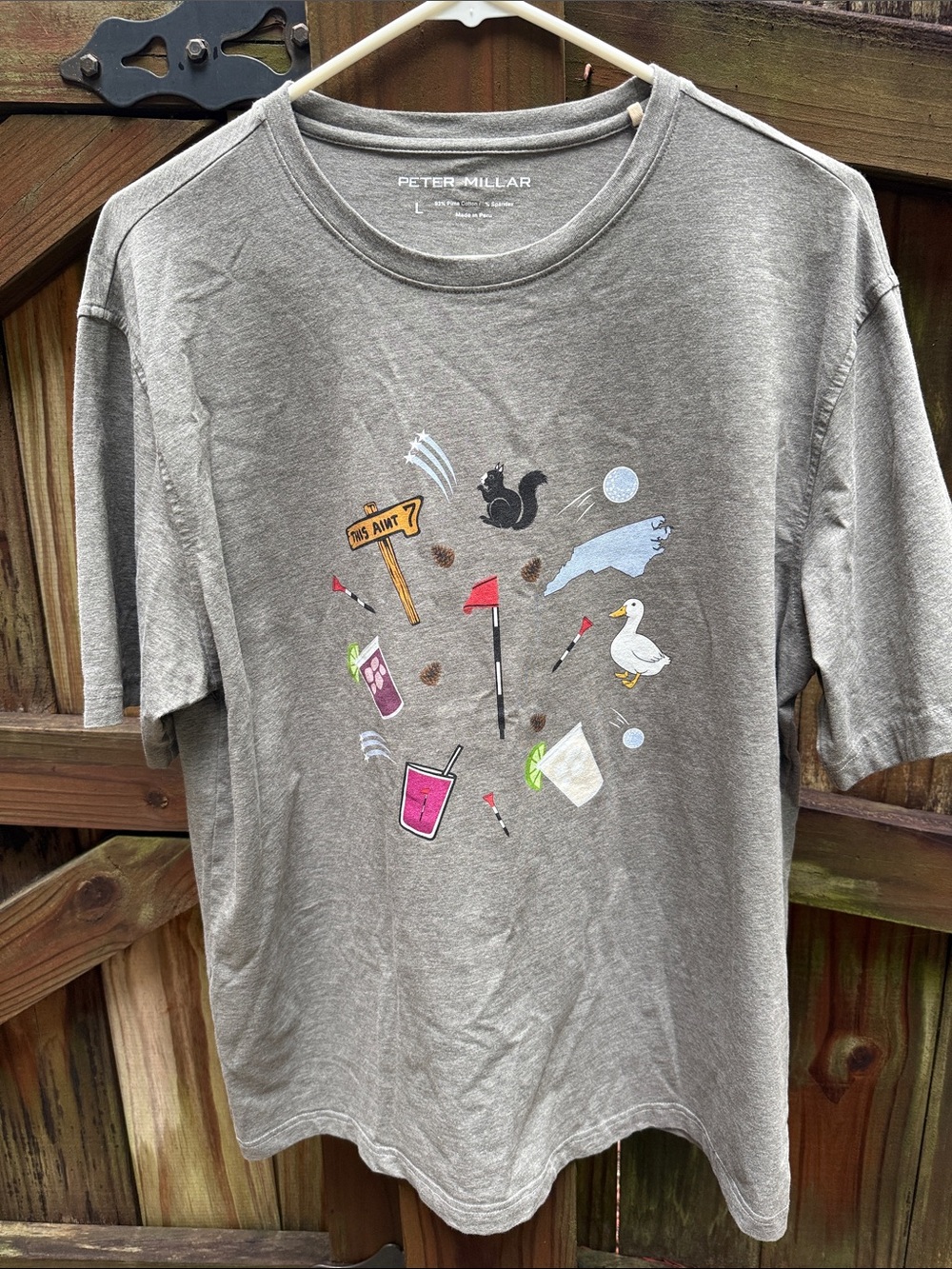 Peter Millar Gray Graphic Tee with Multicolor Beverage & Wildlife Print